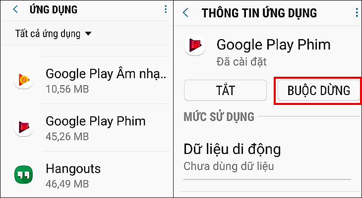 Chọn ứng dụng không cần thiết > Nhấn Buộc dừng