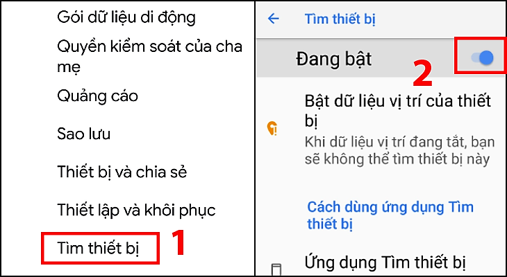 Nhấn chọn mục Tìm thiết bị > Kéo thanh trược trên góc phải màn hình để kích hoạt
