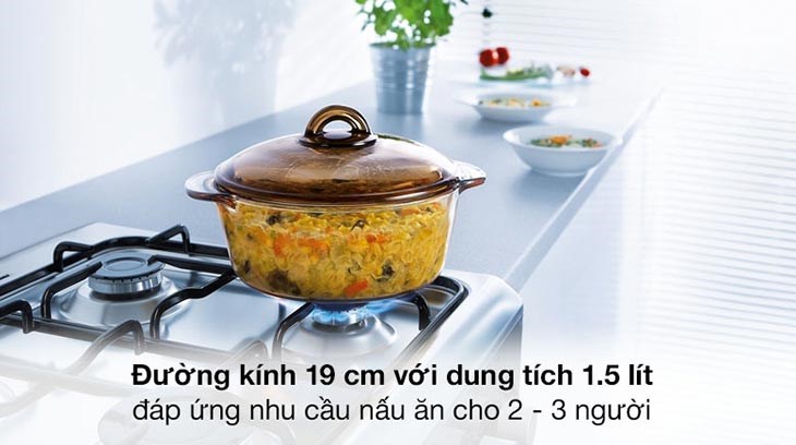 Nồi thủy tinh nắp thủy tinh 19 cm Luminarc Amberline Granite 1.5 lít có dung tích 1.5 lít có thể nấu cháo, súp, canh, món kho,... cho 2 - 3 người ăn