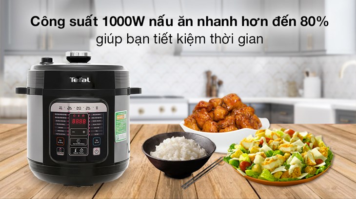Nồi áp suất điện Tefal CY601868 6 lít hoạt động với công suất 1000W nấu nhanh hơn đến 80%, giúp tiết kiệm hiệu quả thời gian đun nấu
