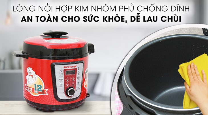 Nồi áp suất đa năng Sunhouse SHD 1767 6.0 lít có lòng nồi hợp kim nhôm phủ chống dính an toàn cho sức khỏe, dễ lau chùi