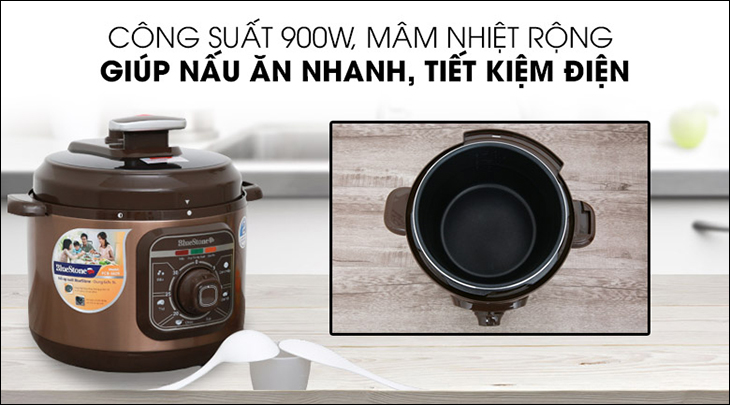 Nồi áp suất điện BlueStone PCB-5629 5 lít có công suất 900W giúp nấu ăn nhanh, tiết kiệm thời gian hơn cho chị em nội trợ