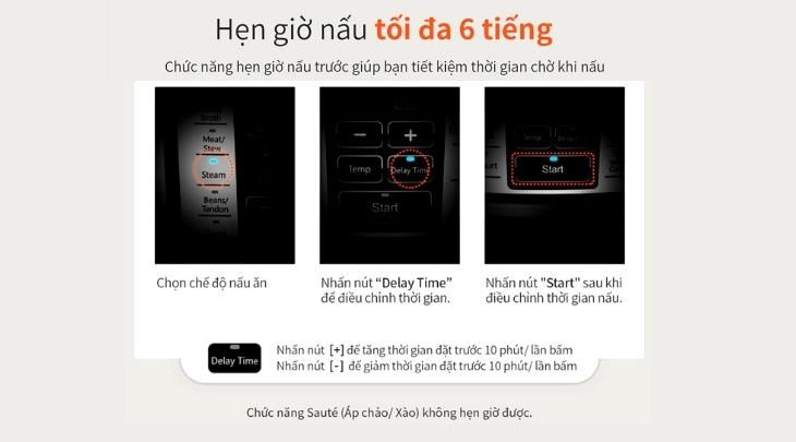Nồi có chế độ hẹn giờ nấu tối đa 6 tiếng, giúp kiểm soát thời gian nấu ăn hiệu quả