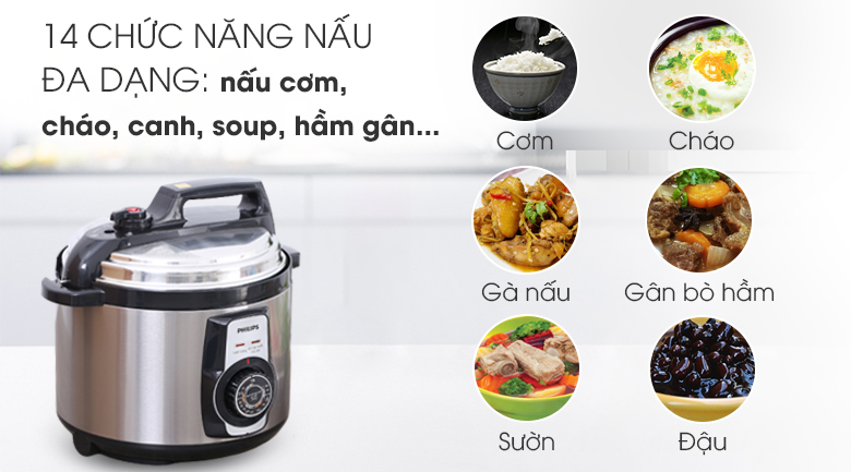Nồi áp suất điện Philips HD2103/66 5 lít trang bị 14 chức năng nấu đa dạng như nấu cơm, cháo, canh, súp,...