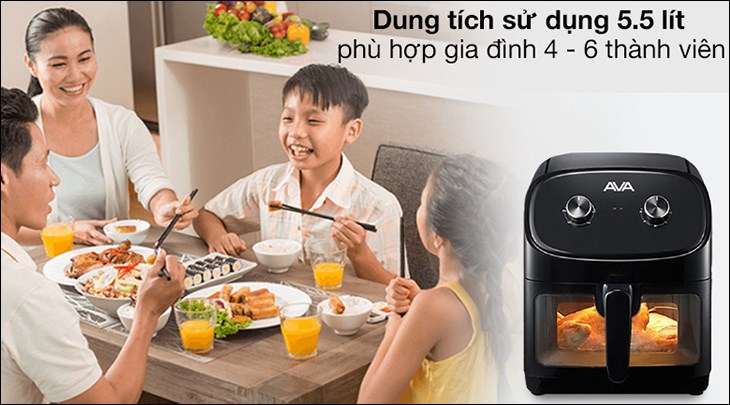 Nồi chiên không dầu AVA 55K07A 5.5 lít có công suất lớn, giúp thực phẩm chín nhanh chóng