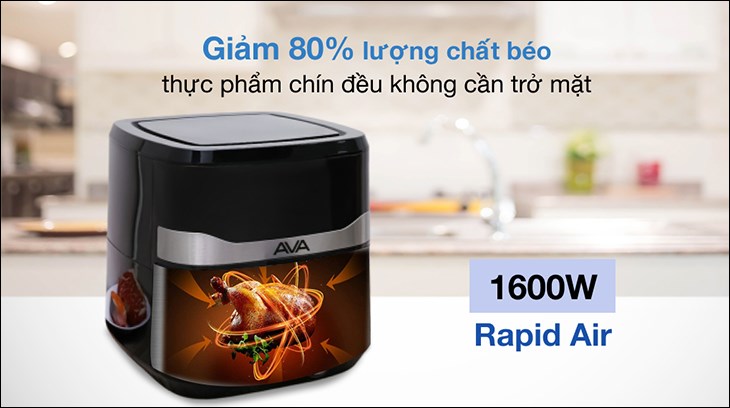 Nồi chiên không dầu AVA KDF-593D 7.5 lít được trang bị công nghệ Rapid Air giúp giảm 80% lượng dầu mỡ