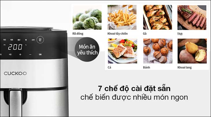 Nồi chiên không dầu Cuckoo CAF-G0510T 5.5 lít được tích hợp 7 chế độ cài đặt sẵn cho bạn chuẩn bị món ăn phong phú, tiết kiệm thời gian