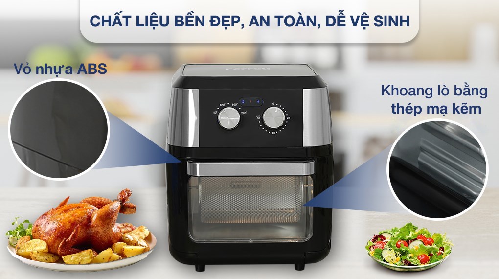 Lò chiên không dầu Ferroli FAF-12M 12 lít có chất liệu bền tốt, nấu ăn an toàn, thuận tiện vệ sinh sau khi nấu nướng