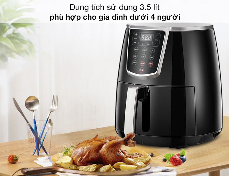 Dung tích phổ biến từ 3.5 lít và có thể chiên nướng một con gà khoảng 1kg dễ dàng