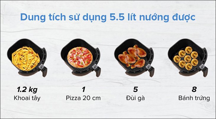 Nồi chiên không dầu Mishio MK-165 5.5 lít Đen có dung tích sử dụng 5.5 lít, phục vụ tốt cho gia đình có từ 4 - 6 thành viên