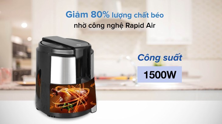 Nồi chiên không dầu Mishio MK-221 5 lít sở hữu công nghệ làm nóng Rapid Air giúp chiên nướng thực phẩm chín đều, hạn chế dầu mỡ