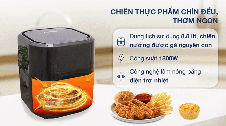 Nồi chiên không dầu Mobell YJ-711AD 8.8 lít với công nghệ làm nóng điện trở nhiệt giúp thức ăn chín đều
