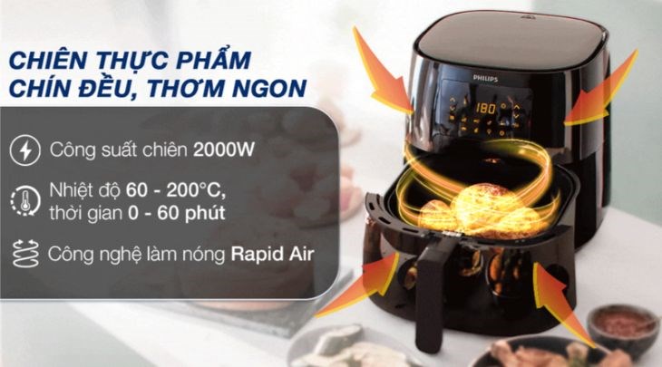 Nồi chiên không dầu Philips HD9270/90 6.2 lít sử dụng công nghệ làm nóng Rapid Air giúp chiên thực phẩm chín đều, thơm ngon