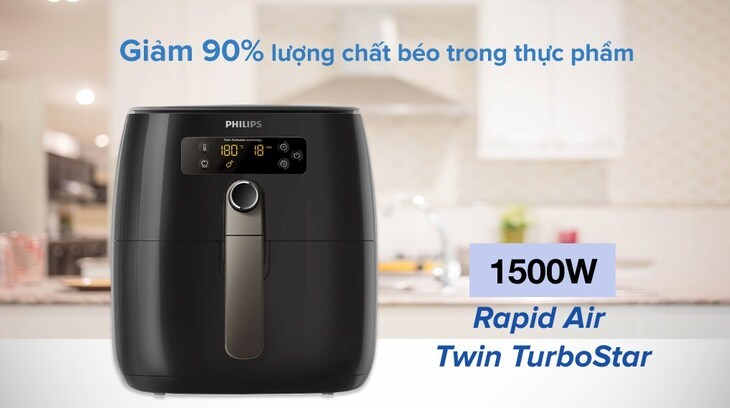 Nồi chiên không dầu Philips HD9745 4.5 lít được tích hợp công nghệ Twin TurboStar, giúp tách và thu gom chất béo dư thừa đến 90%