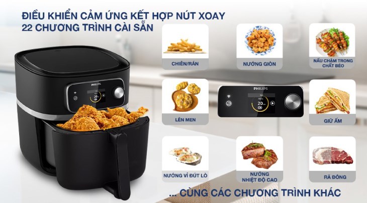 Nồi chiên không dầu Philips HD9880/90 8.3 lít có 22 chương trình cài đặt sẵn, hỗ trợ người dùng nấu ăn thuận tiện
