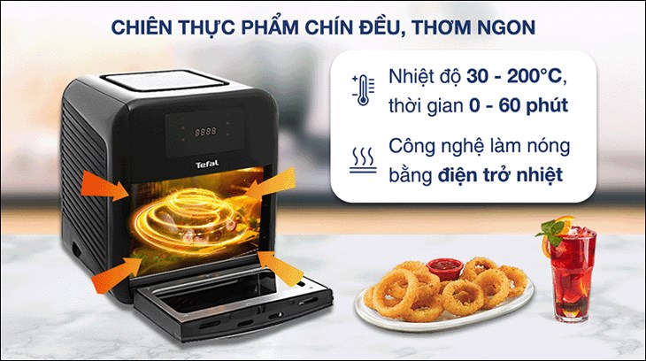 Lò chiên không dầu Tefal FW501815 11 lít được trang bị công nghệ làm nóng bằng điện trở nhiệt, giúp thức ăn chín đều các mặt, thơm ngon hấp dẫn