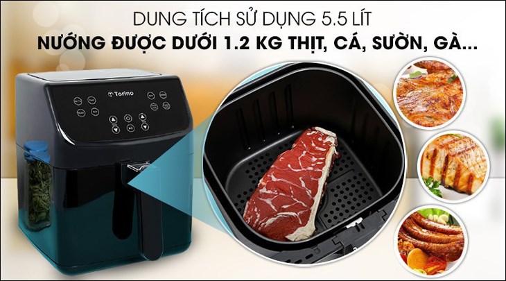 Nồi chiên không dầu Torino TF-JW55A 5.5 lít có dung tích 5.5 lít, phục vụ tốt cho gia đình có 4 - 6 thành viên