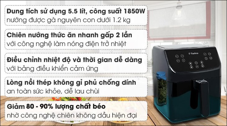 Nồi chiên không dầu Torino TF-JW55A 5.5 lít được bán với giá 5.990.000 đồng (cập nhật 05/2023, có thể thay đổi theo thời gian)