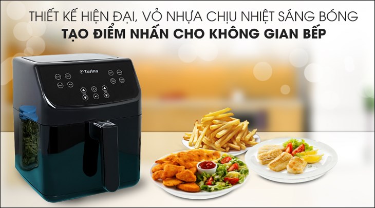 Nồi chiên không dầu Torino TF-JW55A 5.5 lít sở hữu thiết kế gọn gàng, vỏ nhựa chịu nhiệt cao cấp, sáng bóng