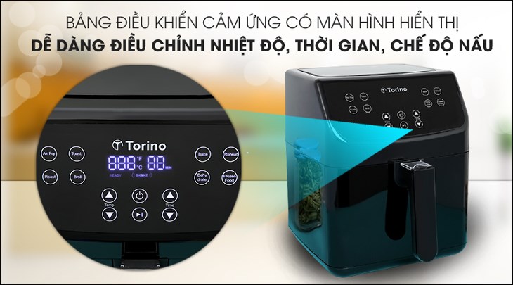 Nồi chiên không dầu Torino TF-JW55A 5.5 lít sử dụng  bảng điều khiển cảm ứng có màn hình LED hiển thị rõ nét