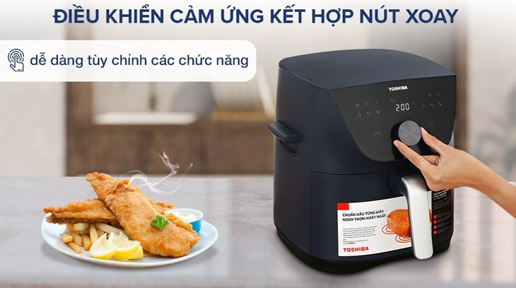 Nồi chiên không dầu Toshiba AF-74CS2SRVN(B) 7.4 lít sử dụng bảng điều khiển cảm ứng kết hợp nút xoay, cho phép người dùng tinh chỉnh 12 chương trình nấu tự động linh hoạt