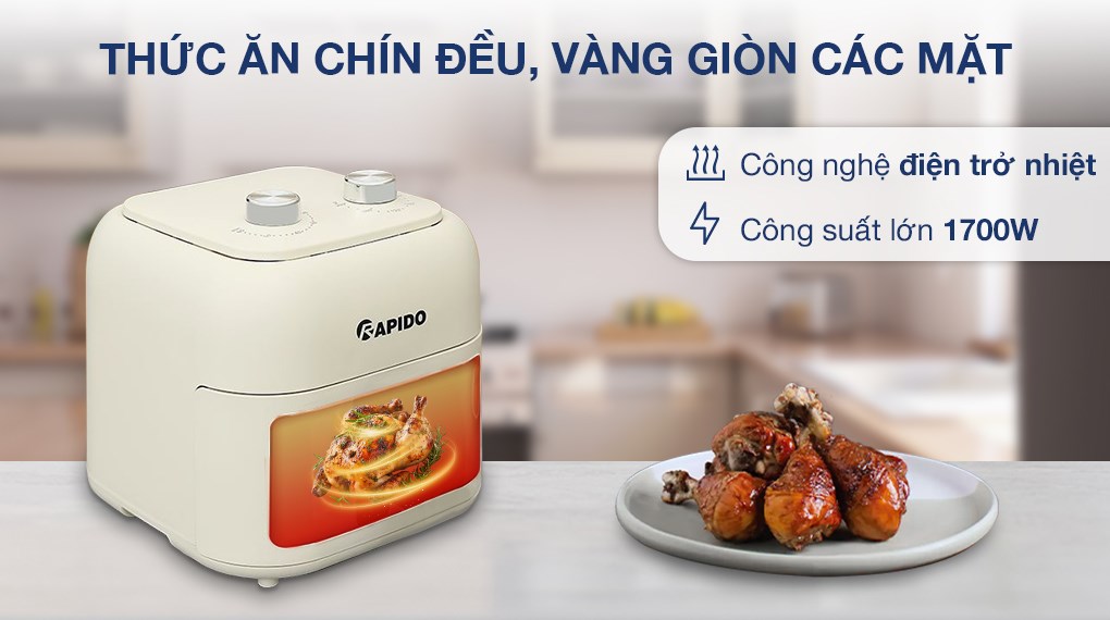 Nồi chiên không dầu Rapido RAF-7.5M3 7.5 lít hoạt động với công suất 1700W, làm nóng bằng điện trở nhiệt