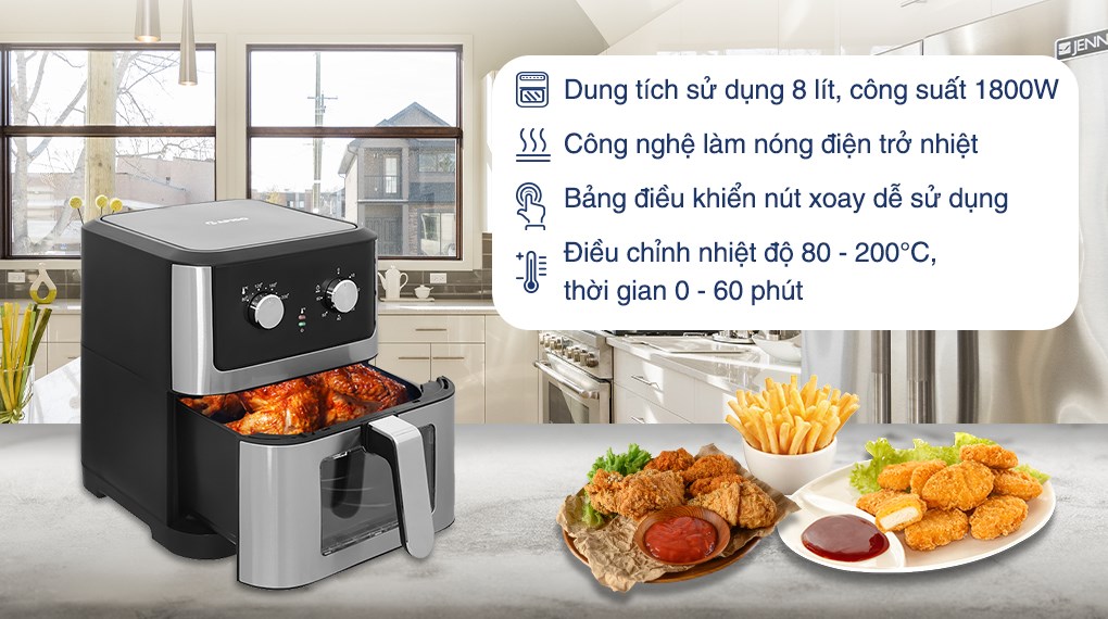 Nồi chiên không dầu Rapido RAF-8.0M 8 lít chiên được gà nguyên con khoảng 1.5 kg, đáp ứng nhu cầu chế biến nhiều món chiên cho cả nhà