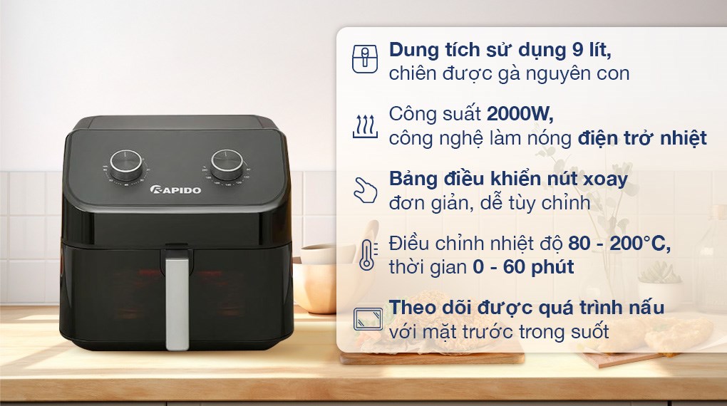 Nồi chiên không dầu Rapido RAF-9.0M 9 lít với lòng nồi bằng thép phủ chống dính an toàn, dễ vệ sinh