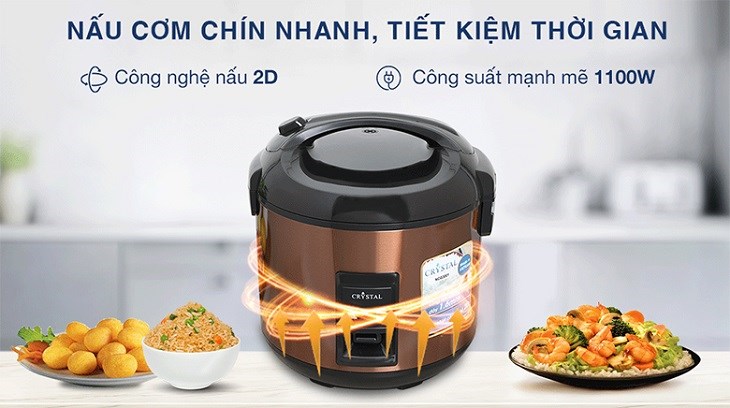 Nồi cơm nắp gài Crystal 3 lít NCG3001 có công suất 1100W cùng công nghệ nấu 2D giúp nấu cơm chín đều, nhanh