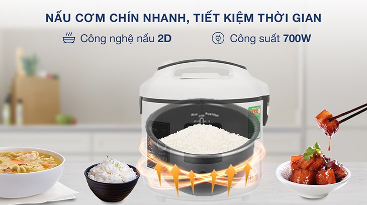 Nồi cơm điện nắp gài Crystal 1.8 lít BXB-50C sở hữu công suất hoạt động lên đến 700W, giúp cơm được nấu chín nhanh chóng