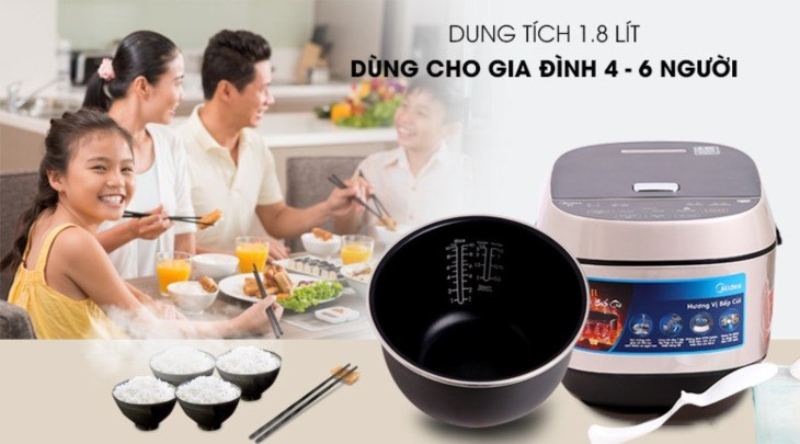 Nồi cơm cao tần Midea 1.8 lít MB-HS5008 có công suất 1300W và dung tích 1.8 lít phù hợp cho gia đình từ 4 - 6 người