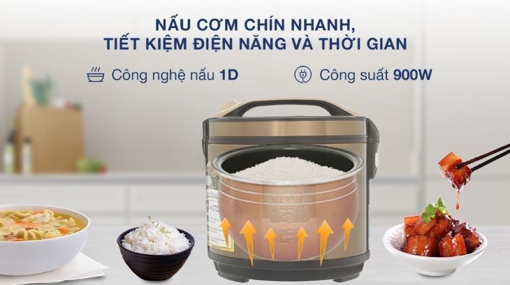 Nồi cơm điện nắp gài Mutosi 2.2 lít MR-36PB có công suất 900W, công nghệ nấu 1D giúp nấu cơm chín nhanh chóng, tiết kiệm điện năng và thời gian