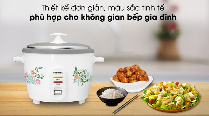 Nồi cơm nắp rời Toshiba 1.8 lít RC-18MH1PV(F) có kiểu dáng mềm mại, họa tiết trang nhã, dễ dàng bố trí hài hòa với các nội thất khác trong gian bếp gia đình