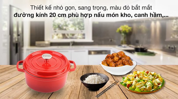 Nồi gang đúc 20 cm Rapido RK20-RD sở hữu thiết kế hiện đại với màu đỏ bắt mắt