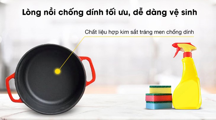 Sản phẩm được tráng men cả bên ngoài và trong lòng nồi giúp dễ dàng vệ sinh sau khi sử dụng