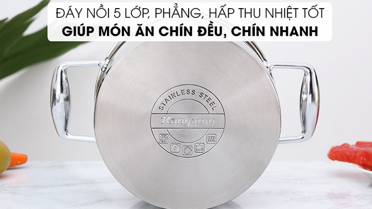 Bộ 3 nồi inox 5 đáy nắp kính Kangaroo KG3CS2 với lòng nồi dày, đáy nồi cấu tạo 5 lớp giúp giữ nhiệt và tỏa nhiệt đều
