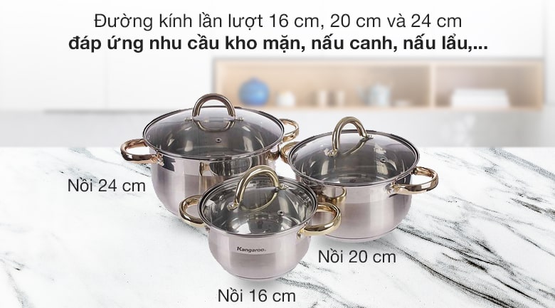 Thiết kế - Bộ 3 nồi inox 5 đáy nắp kiếng Kangaroo KG866