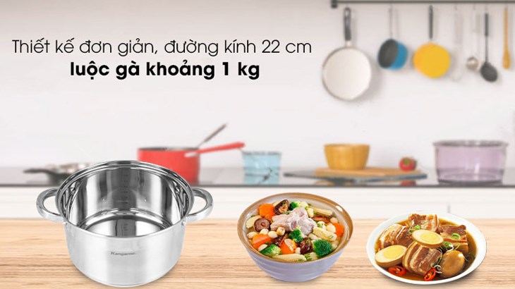 Nồi inox 5 đáy nắp kính 22 cm Kangaroo KG876M với dung tích 4 lít có thể luộc được gà nguyên con tầm 1kg