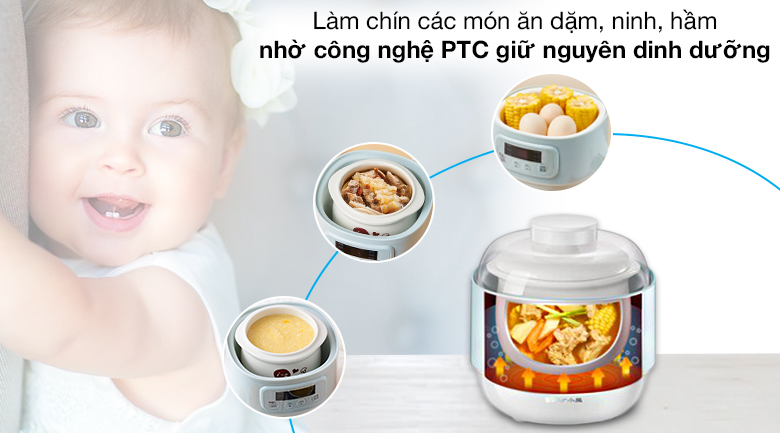 Nồi nấu chậm Bear 0.8 lít DDZ-A08G2 sử dụng công nghệ làm nóng PTC, giữ được hàm lượng chất dinh dưỡng rất cao