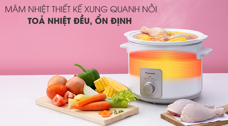 Nồi nấu chậm Panasonic 5 lít NF-N51AWRA sử dụng công nghệ nấu bằng phương pháp gia nhiệt quanh lòng nồi, giúp thực phẩm chín từ từ, bảo toàn được dưỡng chất