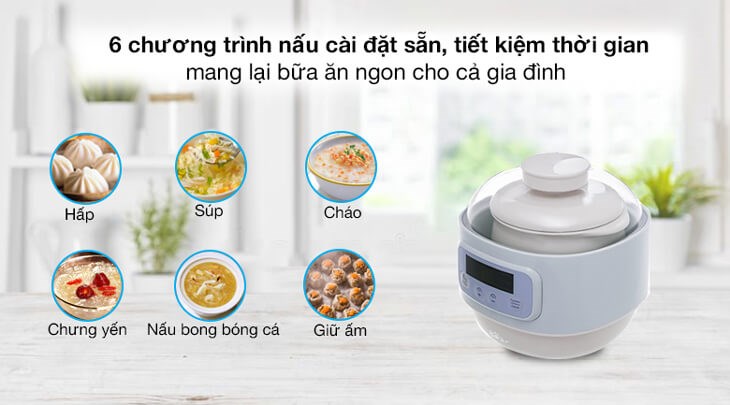 Nồi nấu chậm Bear 0.8 lít DDZ-A08G2 được trang bị 6 chương trình nấu cài đặt sẵn giúp bạn chế biến đa dạng món ăn chỉ với thao tác đơn giản