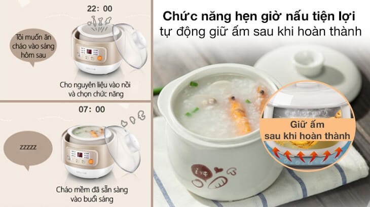 Nồi nấu chậm Bear 0.8 lít DDZ-A08D1 được tích hợp chức năng hẹn giờ giúp người nội trợ chủ động thời gian nấu các món ăn cho gia đình