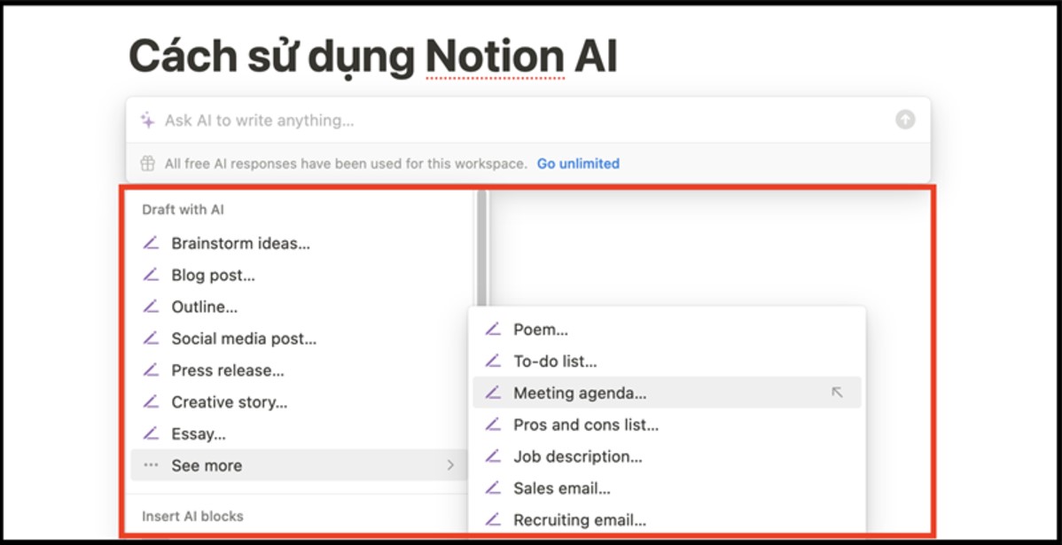 Hộp thoại Notion AI sẽ hiện ra