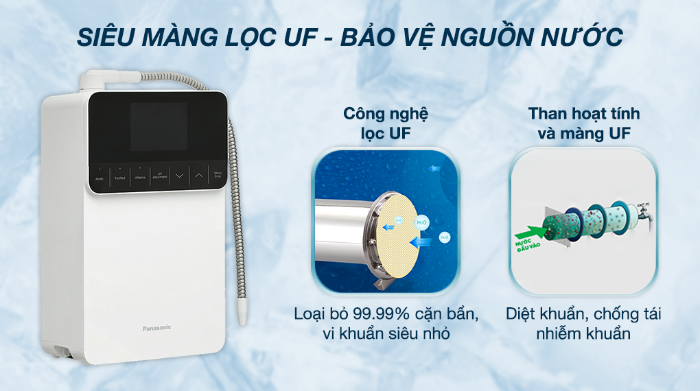 Máy lọc nước điện giải ion kiềm Panasonic TK-AS700 5 tấm điện cực trang bị công nghệ than Công nghệ kháng khuẩn than hoạt tính và màng UF (màng siêu lọc) đến từ Nhật Bản giúp diệt khuẩn hiệu quả trong hệ thống lọc,