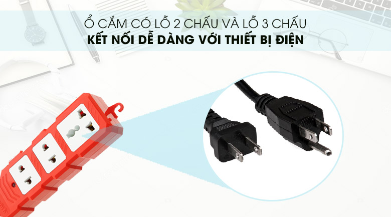 Ổ cắm điện Điện Quang 3 lỗ 5m ĐQ ESKHP 3RW có 2 lỗ 2 chấu, 1 lỗ 3 chấu nhỏ gọn sử dụng tiện lợi trong mọi không gian
