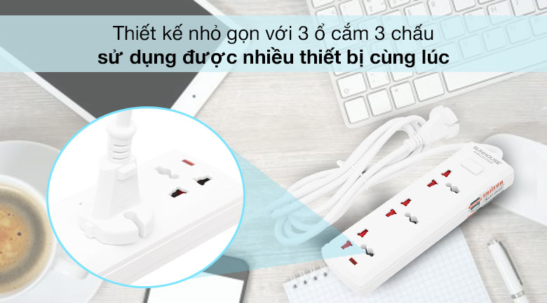 Ổ cắm điện Sunhouse 3 lỗ 2.5m SHE OC6-3P có 3 ổ cắm 3 chấu, sử dụng nhiều thiết bị cùng lúc tiện lợi