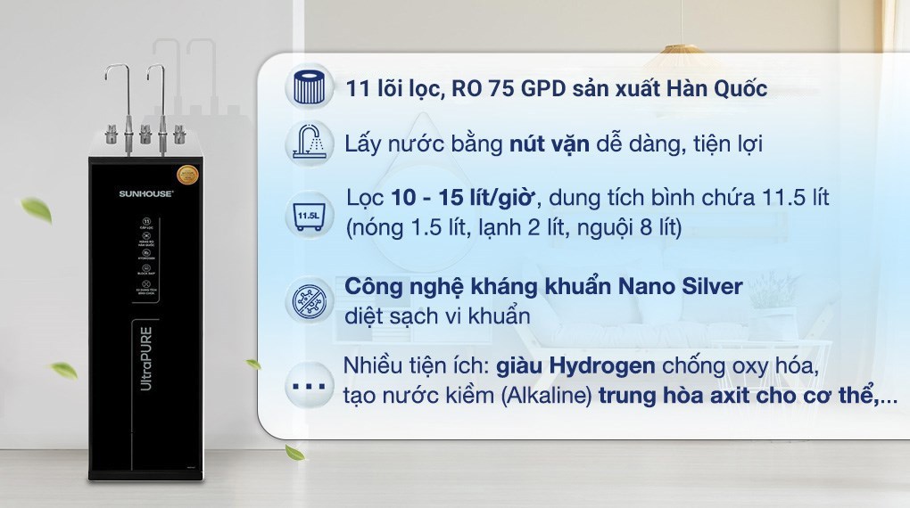 Máy lọc nước RO nóng nguội lạnh Sunhouse UltraPURE SHA76623KL 11 lõi