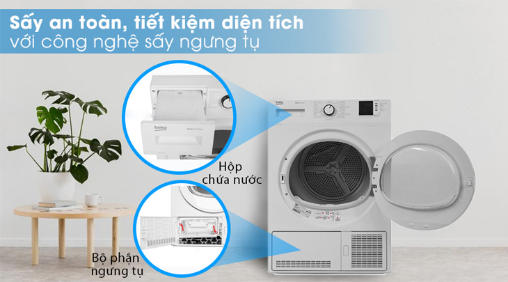 Máy sấy ngưng tụ Beko 8 Kg DU8133GA0W là lựa chọn an toàn cho chung cư vì không tỏa nhiệt trực tiếp