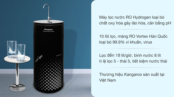 Máy lọc nước R.O Hydrogen Kangaroo KG100HC 10 lõi có dáng trụ tròn trang nhã, kích thước nhỏ gọn, tiết kiệm không gian lắp đặt
