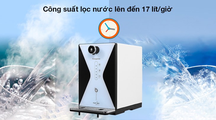 Máy lọc nước RO hydrogen Kangaroo KG100EED 5 lõi có công suất lọc lên đến 17 lít/giờ, dung tích bình chứa 6 lít đáp ứng tối đa nhu cầu sử dụng cho gia đình